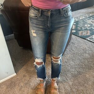 KanCan Distressed Medium Blue Cropped Ankle Jeans